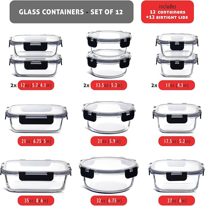 Nestl 24pc Glass Storage Containers with Lids, 12 Glass Food Storage Containers with 12 Airtight Lids for Pantry & Kitchen, Meal Prep Containers for Lunch, Oven Microwave & Dishwasher Safe, Black - Image 3