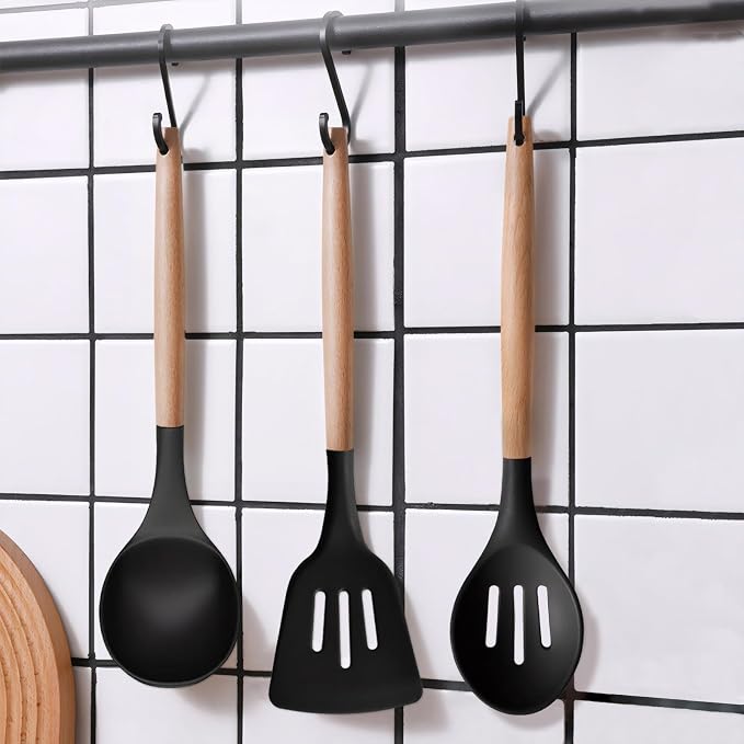 Silicone Cooking Utensils Set of 5, Heat Resistant Silicone Kitchen Utensils Set with Wooden Handle, BPA Free Spatula Spoon Turner Ladle Cooking Kitchen Gadgets for Nonstick Cookware & Baking - Image 8