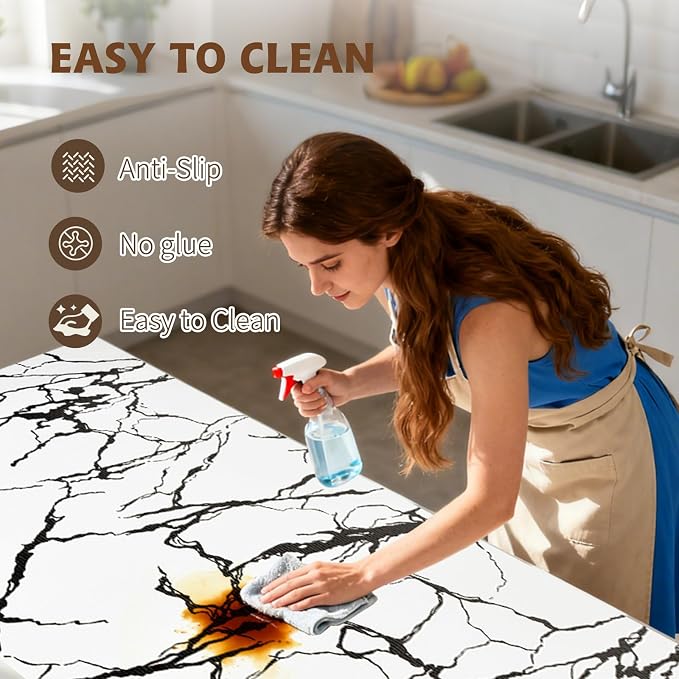 2-Layer Drawer and Shelf Liner for Kitchen Cabinet: 17 in X 30 Ft Non Slip | Waterproof Shelf Paper Non Adhesive Refrigerator Liners White/Black Marble Easy Liners for Bathroom with Knife Tape Measure - Image 4