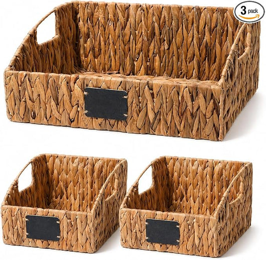 Water Hyacinth Pantry Baskets Set of 3, Chalkboard Labels | Wicker Baskets for Shelves, Woven Pantry Organizer, Laundry Room, Bathroom & Bedroom Storage, Cutout Handles, Large + 2 Small by Rattanzenith