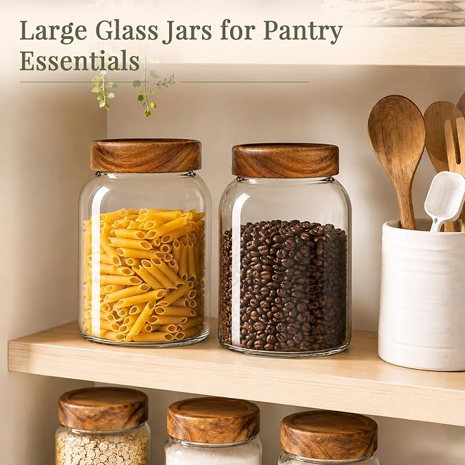 CONNOO 2Pcs-66oz Glass Storage Containers with Lids | Acacia Wood Lids, Keep Pantry Organized with Flour, Sugar, Coffee Beans, Pasta, Cereal & Dry Foods, Includes 120 Labels - Image 4