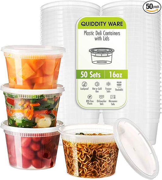16oz-Deli Containers with Lids Leakproof - 50 Pack BPA-Free Plastic Microwaveable Clear Food Storage Container Premium Heavy-Duty Quality, Freezer & Dishwasher Safe by QUIDDITY+WARE