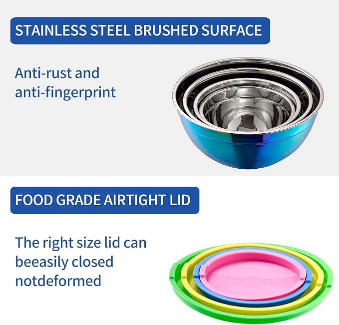 Rainbow Mixing Bowls With Airtight Lids,Stainless Steel Bowl,Salad Bowls 4 Piece Colorful Nesting Bowl Rainbow Kitchen Accessories,Size 5.5,3.6,2.1,1.5 QT Stackable Design - Image 5