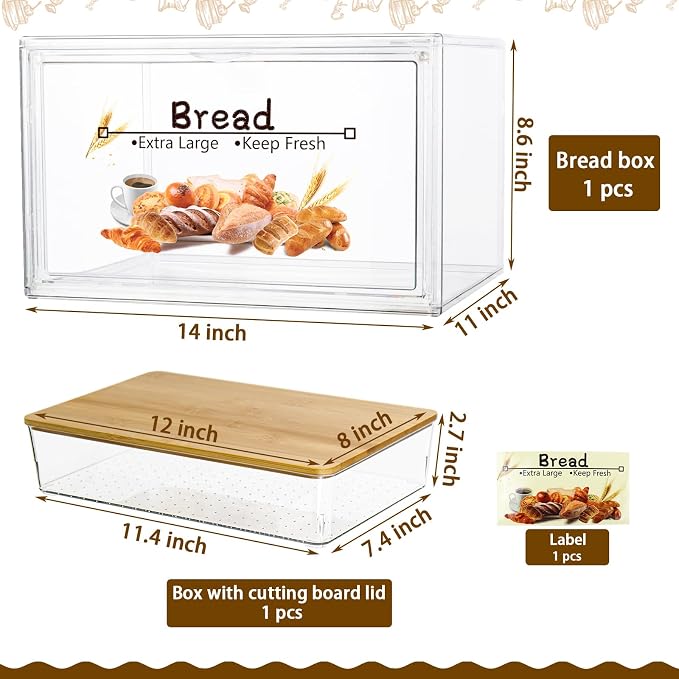 RISICULIS Large Bread Box for Kitchen Countertop, Bread Storage Container, and Utensil Organizer with Bamboo Cutting Board Lid, Clear Bin, Keeper for Homemade Bagel, Muffins, Rolls - Image 2