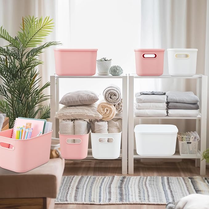 8 Pieces Colorful Storage Bins with Lid, Plastic Storage Basket Organizing Container Stackable Box with Handle for Shelves Desktop Playroom Office(9.8 x 7.1 x 6.3 Inch,White and Pink) - Image 6
