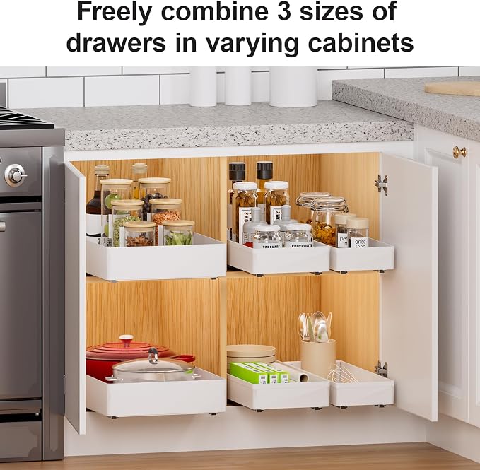 Delamu 3 Pack Pull Out Cabinet Organizer, 15.7"Deep Pull Out Drawers for Cabinets, Slide Out Drawers for Kitchen Cabinets, Bathroom Cabinet Organizer, Pantry (White) - Image 6