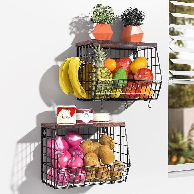 Wawocs Fruit Basket for Kitchen Counter 2 Tier Fruit Bowl, Stackable Wall Mounted Hanging Fruit Basket Wire Baskets with Wood Lid with 4 Banana Hanger Hooks, Onion Basket, Fruit and Vegetable Storage - Image 2