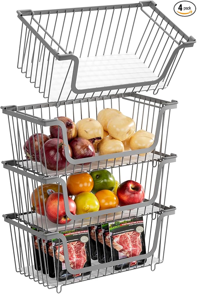 4 Pcs Stackable Wire Baskets for Pantry Organizers and Storage, | Vegetable Fruit Basket for Countertop,Kitchen Storage Metal Baskets,Produce Potato Onion Storage Bin,Gray by GAOKASE