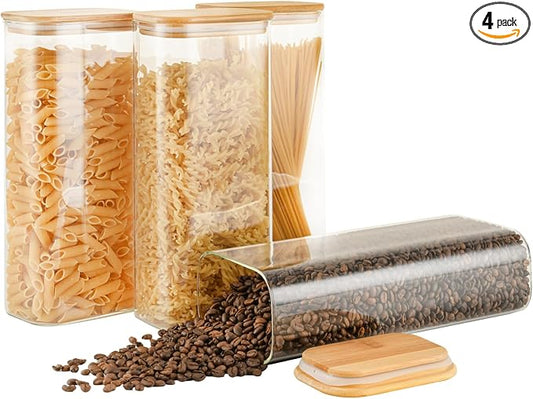 D2scrma 71oz Rectangle Airtight Glass Storage Containers with Bamboo Lids (Set of 4), Square Food Storage Jar, Pantry Organizers for Sugar, Flour, Spaghetti and Coffee beans (‎with Black Lable) by Delicatedtoservicecustomer