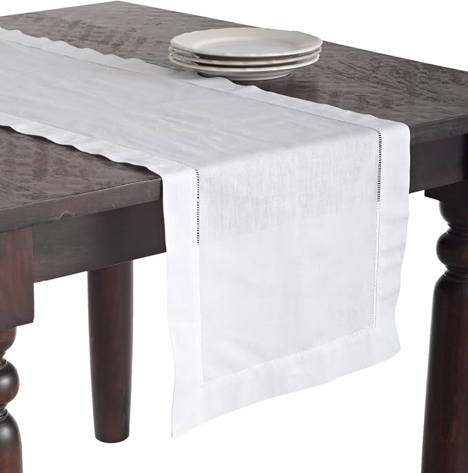 SARO LIFESTYLE Hemstitched Table Runner - Linen Blend Table Runner for Weddings, Holiday Dining, Dinner Parties & Everyday Table Décor, 16"x120", White by SaroLifestyle