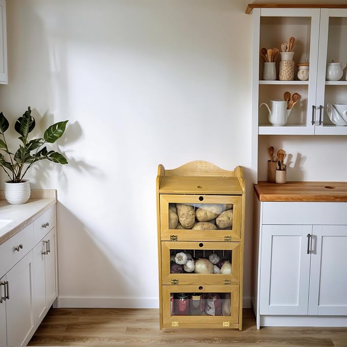 ARTAWEIN Onion and Potato Storage Bin Box Farmhouse Fruit and Vegetable Storage Small Food Kitchen Pantry Cabinet for Snack Large Bread Box for Homemade Bread Black Potato Bins - Image 6