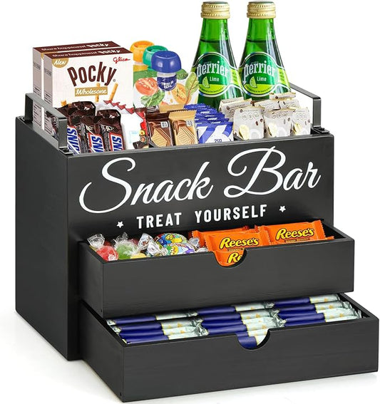 Snack Organizer for Countertop, Wood Pantry Storage Bins with Handles, Snack Organizer for Pantry, Kitchen, 4 Compartment Food Container Snack Box with 2 Drawers, Pantry Organizer for Snacks, Chips by Unistyle