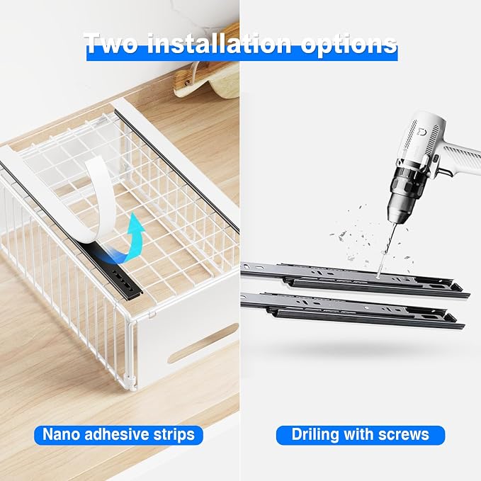 Mustorn 2 Pack Pull Out Cabinet Organizer, Slide Out Drawers for Cabinets, Peel and Stick, Heavy Duty Shelves for Kitchen, Cupboard, Pantry, Bathroom (14.76" D*9.65" W*7.87" H-White) - Image 5