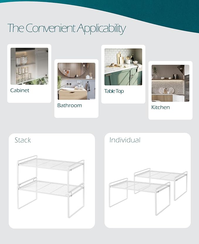 Shantton Cabinet Shelf Organizer, Pantry Shelf Rack, White 16.1x10.6x7.3 | 2-Pack Stackable Metal Riser Holds 40LBS with Non-Slip Feet for Kitchen Pantry Bathroom Countertop Freezer Cupboard - Image 4