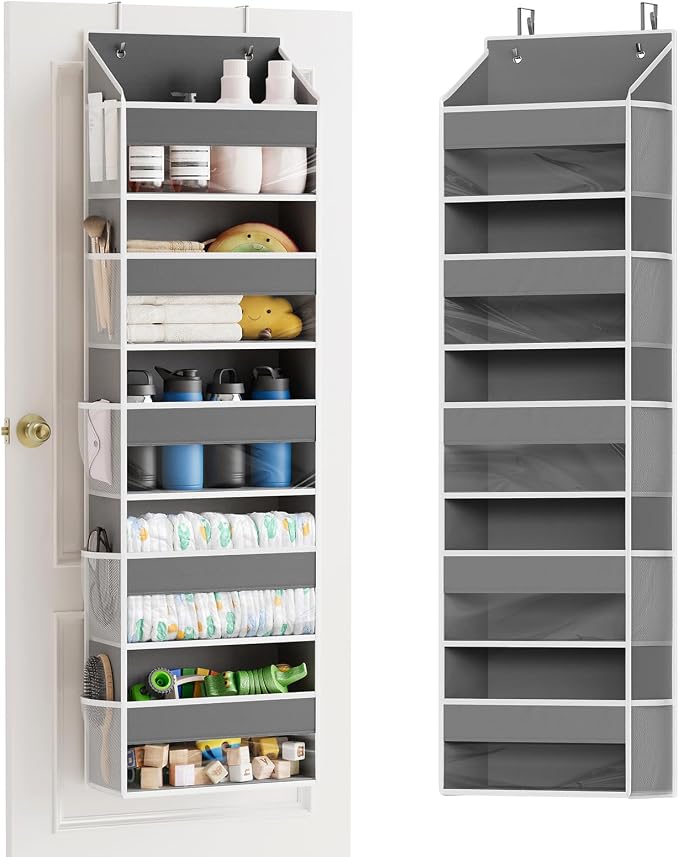 SpaceAid 1 Pack Over The Door Organizer with 5 Large Pockets and 10 Mesh Side Pockets, 5 Layers Door Organizer Hanging with Clear Window for Bedroom, Bathroom, Pantry and Nursery, Gray by SpaceAid