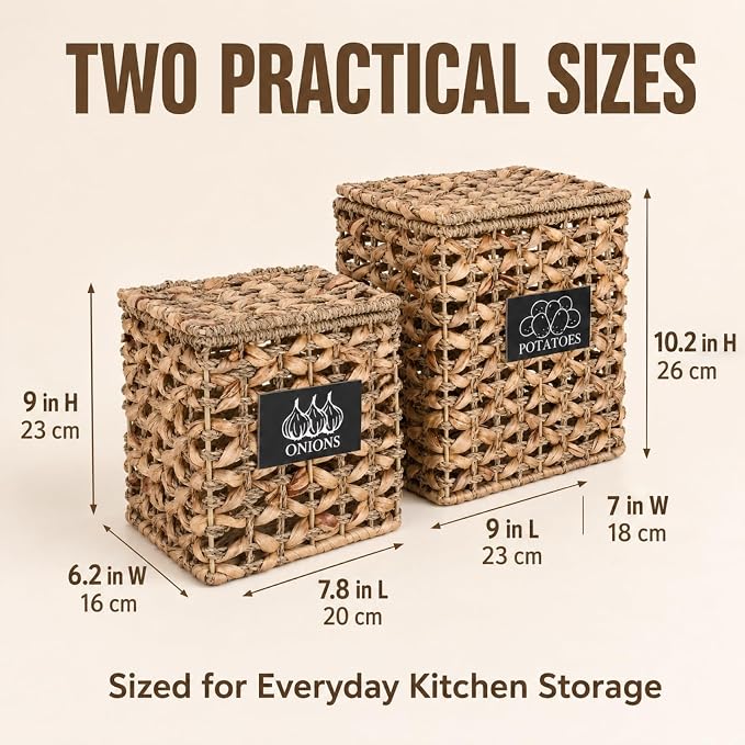 2 Pack Potato and Onion Storage Bin, Stackable Woven Basket with Lid, Vegetable Fruit Basket for Kitchen Counter, Produce Holder with Aerating Holes, Pantry Organizers and Storage, Metal - Image 2