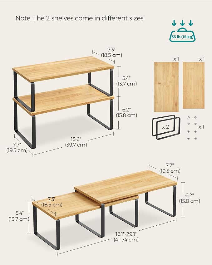 SONGMICS Cabinet Organizer Shelf, Set of 2 Kitchen Counter Shelves, Kitchen Storage, Spice Rack, Stackable, Expandable, Metal and Engineered Wood, 15.6 Inches, Ink Black and Natural Beige UKCS200B01 - Image 6