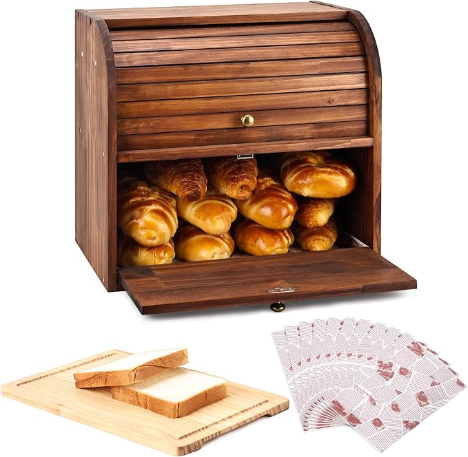 Alpeir Roll Top Bread Box with Cutting Board for Kitchen Countertop, Brown | Large Breadbox with Ventilation Holes, Double Layer Pantry Shelf, Wooden Homemade Bread Storage Container, Vintage Farmhouse by AlpeirDirect