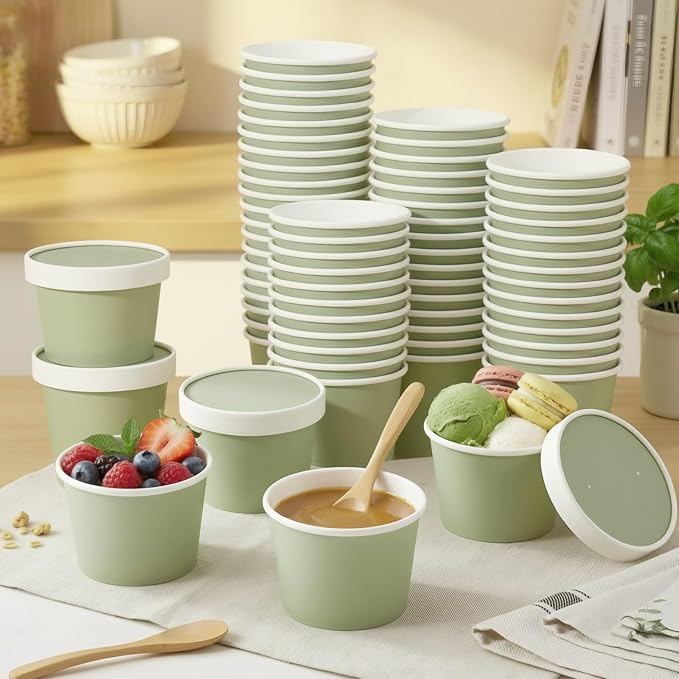 Fulmoon 100 Pack Paper Soup Containers with Lids Disposable Paper Food Containers with Vented Lid Kraft Ice Cream Cake Dessert Cups Soup Bowl for Party Hot Food Fruit Microwave(8 oz,Olive Green) - Image 4