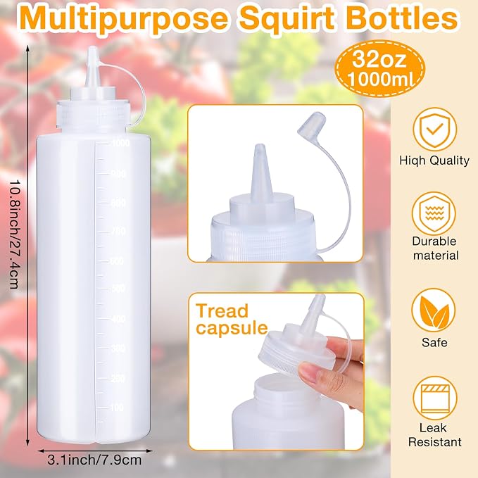 Hoolerry 16 Pieces 32 oz Squeeze Bottle Plastic Condiment Squeeze Bottles with Twist on Cap Lids and and Discrete Measurement Salad Dressing Squirt Bottles for Cooking Ketchup Dispenser for Sauces - Image 2