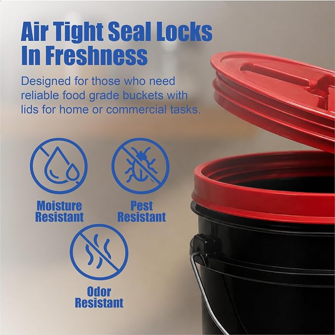 5 Gallon Bucket - Food Grade w/Lid BPA-Free, Black/Red, 3 | Airtight Gamma Seal Screw-On Lid, Heavy-Duty 90 Mil HDPE Plastic, Food Safe and Durable Container, Bulk Storage, Made in USA - Image 5