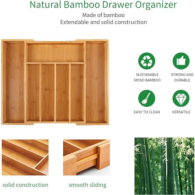 Utoplike Bamboo Cutlery Silverware Tray, Drawer Organizer Kitchen Utensils | Small Drawer Dividers for Flatware Tray Drawer Insert for knives, Gadgets and Garage Tools, Office Supplies, 5-7 Slots - Image 5