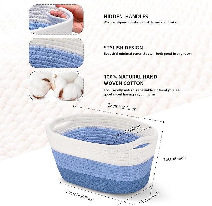 Sawysine 6 Pcs Storage Baskets Bulk for Organizing Cotton Rope Woven Basket with Handles for Gift Cloth Shelves Blanket Toys Living Room(Blue and White) - Image 2