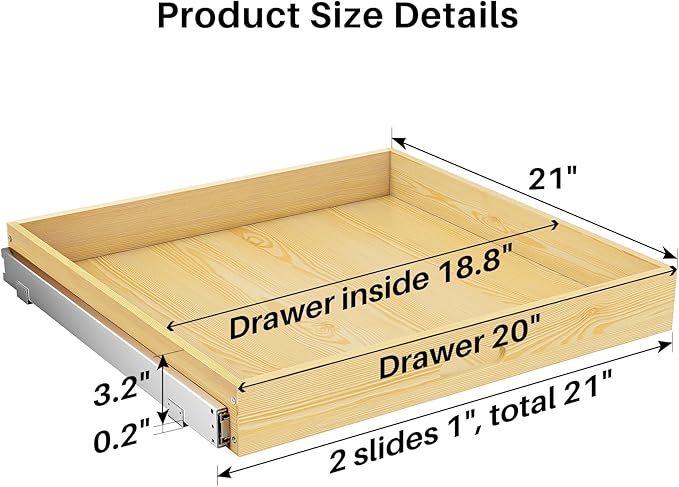 2Pack Pull Out Cabinet Organizer, Soft Close Wooden Slide Out Drawers for Pots, Full-extension Roll Out Shelves for Kitchen Cabinets, Pantry Organization, Bottom and Side Mount(21"W X 21"D x 3.4''H) - Image 2