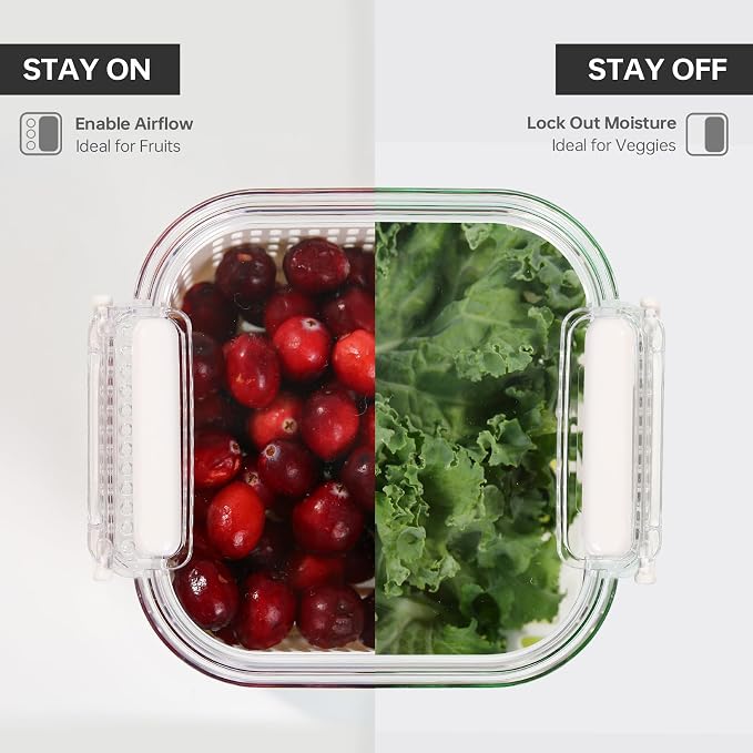 Felli Duo Fresh Produce Saver for Fridge, Fruit Vegetable Container with Vent & Drainage in Bottom for Wash, Colander Strainer Storage Bin for Refrigerator, Berry Lettuce Keeper - Image 8