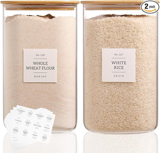 2 Pack large Square Glass Flour and Sugar Containers with 132 Kitchen Pantry Labels - Thicken 149 floz Glass Storage Jars with Airtight Bamboo Lid - Big Rice Canisters for Coffee, Pasta, Cereal by CZDYSM