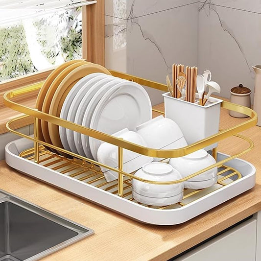 Kitchen Counter Dish Drying Rack,Stainless Steel Dishes Drainer with Utensil Holder,Space-Saving Dish Rack,Removable Plastic Drainer Tray for Dishes, Knives, Spoons (Gold,No Cup Holder) by SINGID