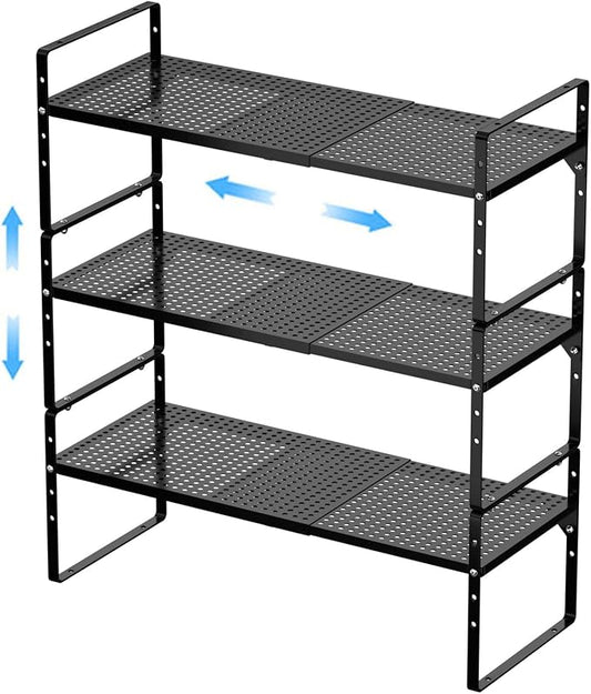 Expandable Kitchen Cabinet Shelf Organizers 3 Pack, Stackable Metal Pantry Storage Shelves Rack, Adjustable Counter Spice Shelf for Cabinets, Countertop, Cupboard Organizers and Storage, Black by GEDLIRE