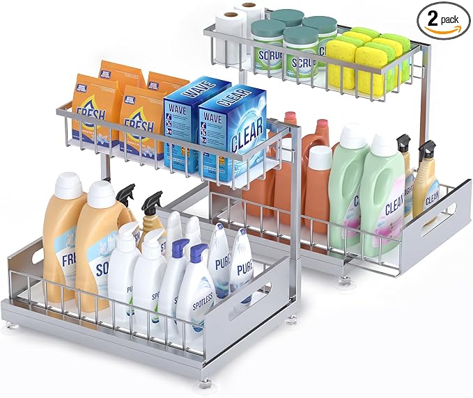 2-Pack L-Shaped Under Sink Organizer, 2-Tier Pull-out Cabinet Rack | Grey Height-Adjustable Steel Rack, Sliding Grid Drawers with PP Liners, Holds 100 Lbs, Suction Base, Ideal Kitchen Storage by Saydear