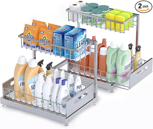 2-Pack L-Shaped Under Sink Organizer, 2-Tier Pull-out Cabinet Rack | Grey Height-Adjustable Steel Rack, Sliding Grid Drawers with PP Liners, Holds 100 Lbs, Suction Base, Ideal Kitchen Storage by Saydear