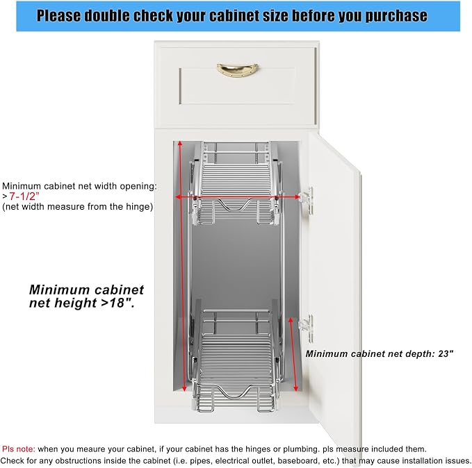 DINDON Pull Out Cabinet Organizer (7-1/2" W x 21-1/2"D), Cabinet Pull Out Shelves, 2 Tier Pull Out Drawers for Kitchen Cabinets, Wire Basket Slide Out Shelf for Cabinet Organization - Image 3