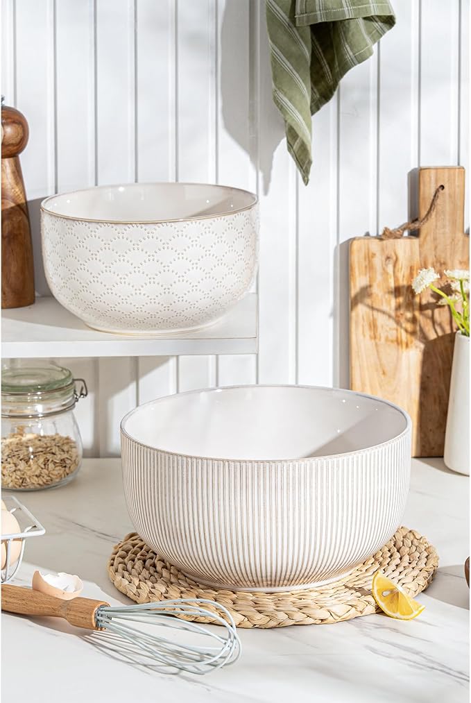 Mikiegy Ceramic Mixing Bowls Set of 2, Nesting Ceramic Embossment Stoneware Mixing Bowls for Cooking, Serving, Popcorn, Salad etc, Microwave & Dishwasher Safe, 98/145 oz, Off-White - Image 7