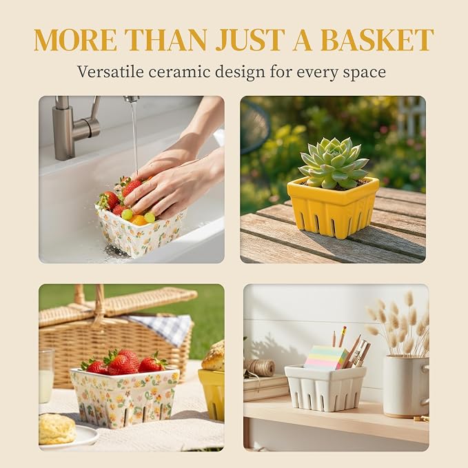 Ceramic Berry Basket Set of 4, Farmhouse Fruit Colanders | Yellow, white and floral designs, stoneware, dishwasher safe, drains and stores berries, farmhouse kitchen decor - Image 5