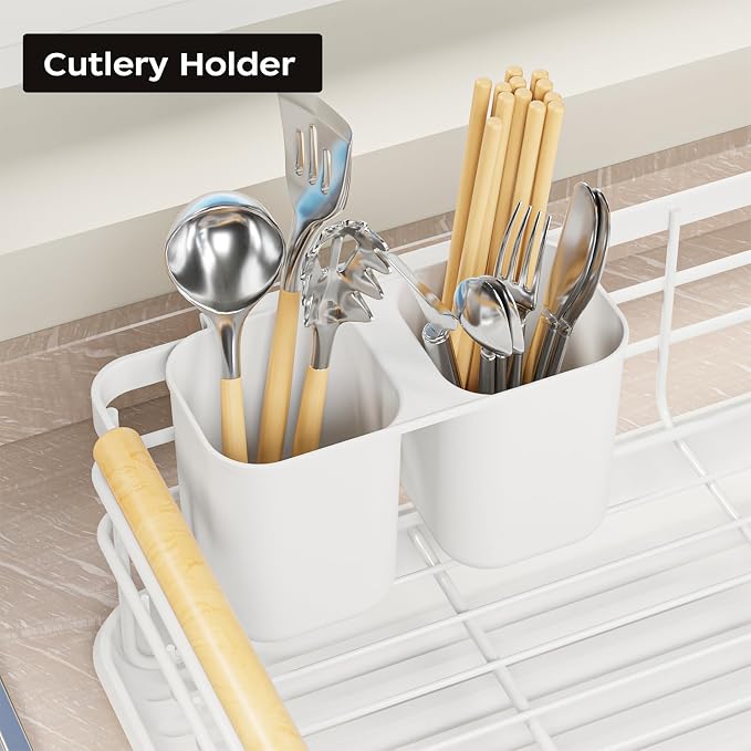 Dish Racks for Kitchen Counter: Wooden Handles, Thickened Metal, No Assembly. Small Dish Drying Rack: Ideal for Small Households. Drying Rack Kitchen: White - Image 5