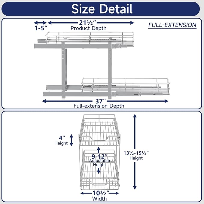 2-Tier Pull Out Cabinet Organizer, 10.5" W x 21.5" D, Heavy Duty Dual Slide Out Shelves for Narrow Base Cabinets, Chrome Wire Basket Drawer for Spices, Bottles & Snacks - Image 2