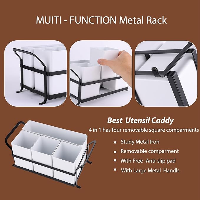 Silverware Caddy Metal Utensil Holder for Party Countertop Silverware Utensil Caddy Cutlery Flatware Organizer for Spoons Forks Plates Napkins white&Black - Image 5