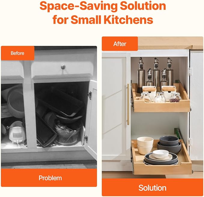 VEVOR Pull Out Cabinet Organizer, 14"W x 21"D Cabinet Drawer, Soft Close Slide out Shelf, Heavy-Duty Sliding Wood Drawer, Bottom Mount Size（14.5"W x 23"D）and Side Mount Size（15"W x 23"D） - Image 4