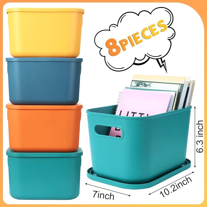 8 Pieces Colorful Storage Bins with Lid, Plastic Storage Basket Organizing Container Stackable Box with Handle for Shelves Desktop Playroom Office(10.2 x 7 x 6.3 Inch,Multi-colored) - Image 2