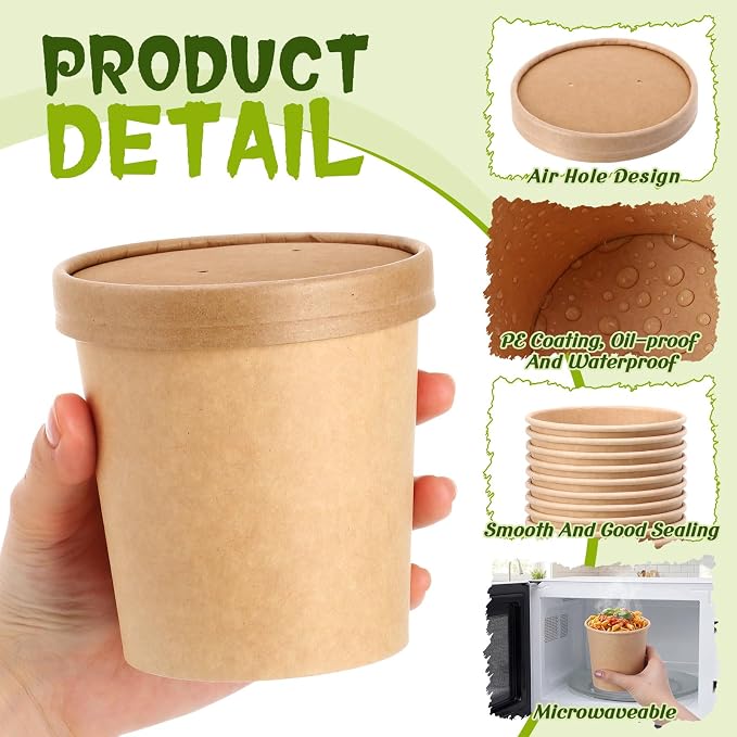 Fulmoon 100 Pack Paper Soup Containers with Lids Disposable Paper Food Containers with Vented Lid Kraft Ice Cream Cake Dessert Cups Soup Bowl for Party Hot Food Fruit Microwave(16 oz,Brown) - Image 3