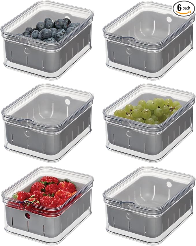 iDesign Small Fridge Berry Bin with Removable Colander Basket and Lid - Set of 6 - Clear/Gray by iDesign