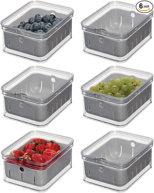 iDesign Small Fridge Berry Bin with Removable Colander Basket and Lid - Set of 6 - Clear/Gray by iDesign