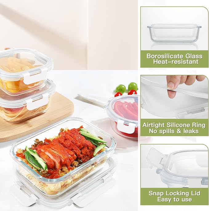 BAYZZ 30 Piece Glass Food Storage Containers Set, Glass Meal Prep Containers with Lids, Airtight Lunch Box, BPA-Free, Microwave, Freezer & Dishwasher Safe,White - Image 2