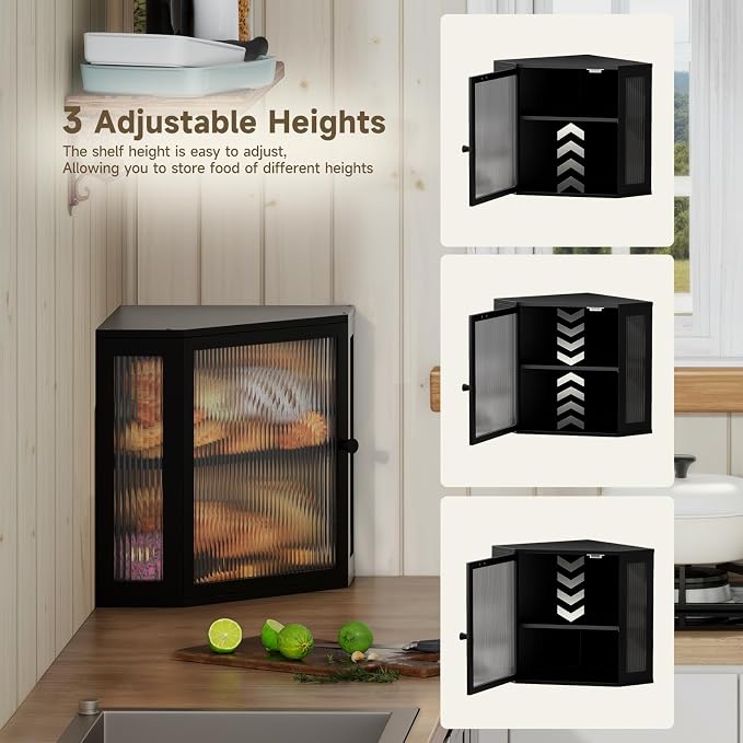 Corner Bread Box for Kitchen Countertop,Bread Storage Bin (Black, Medium) | Double Layer Large Capacity Bamboo Bread Container with Acrylic Door,Height Adjustable - Image 5