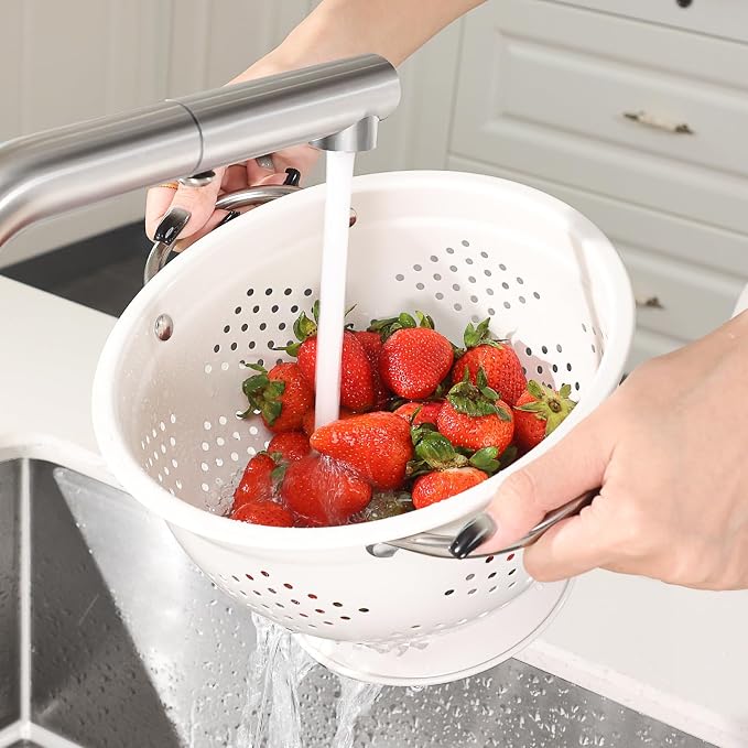 Powder Coated Steel Colanders: 3 Quart and 5 Quart Set of 2 - White | metal Pasta&Vegetable Strainer，Ergonomic Side Handles，Space-Saving Nesting Design - Image 7