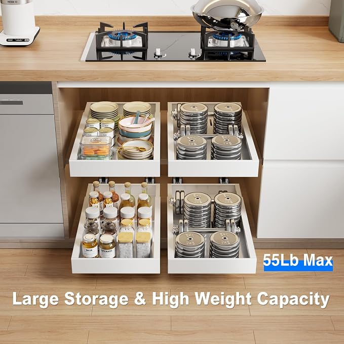 MUSTORN 2 Pack Pull Out Cabinet Organizer, 21.8" Deep Slide Out Drawer for Cabinets Adhesive Pull Out Drawers Heavy Duty Pull Out Shelves for Kitchen, Cupboard, Pantry, Bathroom-White - Image 4