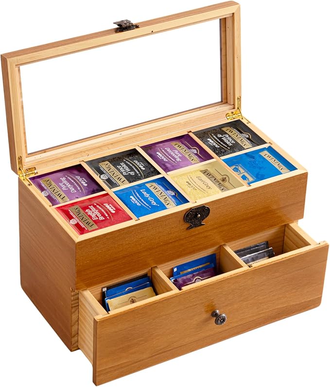 WELLAND Wood Tea Bag Organizer, Storage Box with Clear Acrylic Window, 2-layer 14 Compartments Large Capacity Tea Bag Holders, Gift Idea by WELLAND
